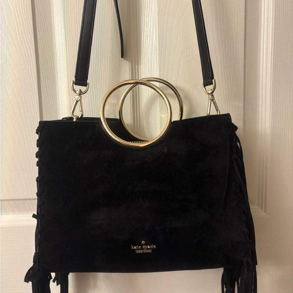 Kate Spade Black Suede Shoulder Bag with Gold Rings